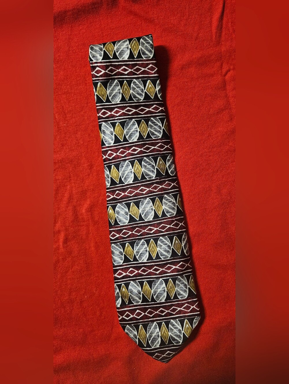 Men's Ketch Geometric Leaf-Stripe Tie in Black, Gold & White